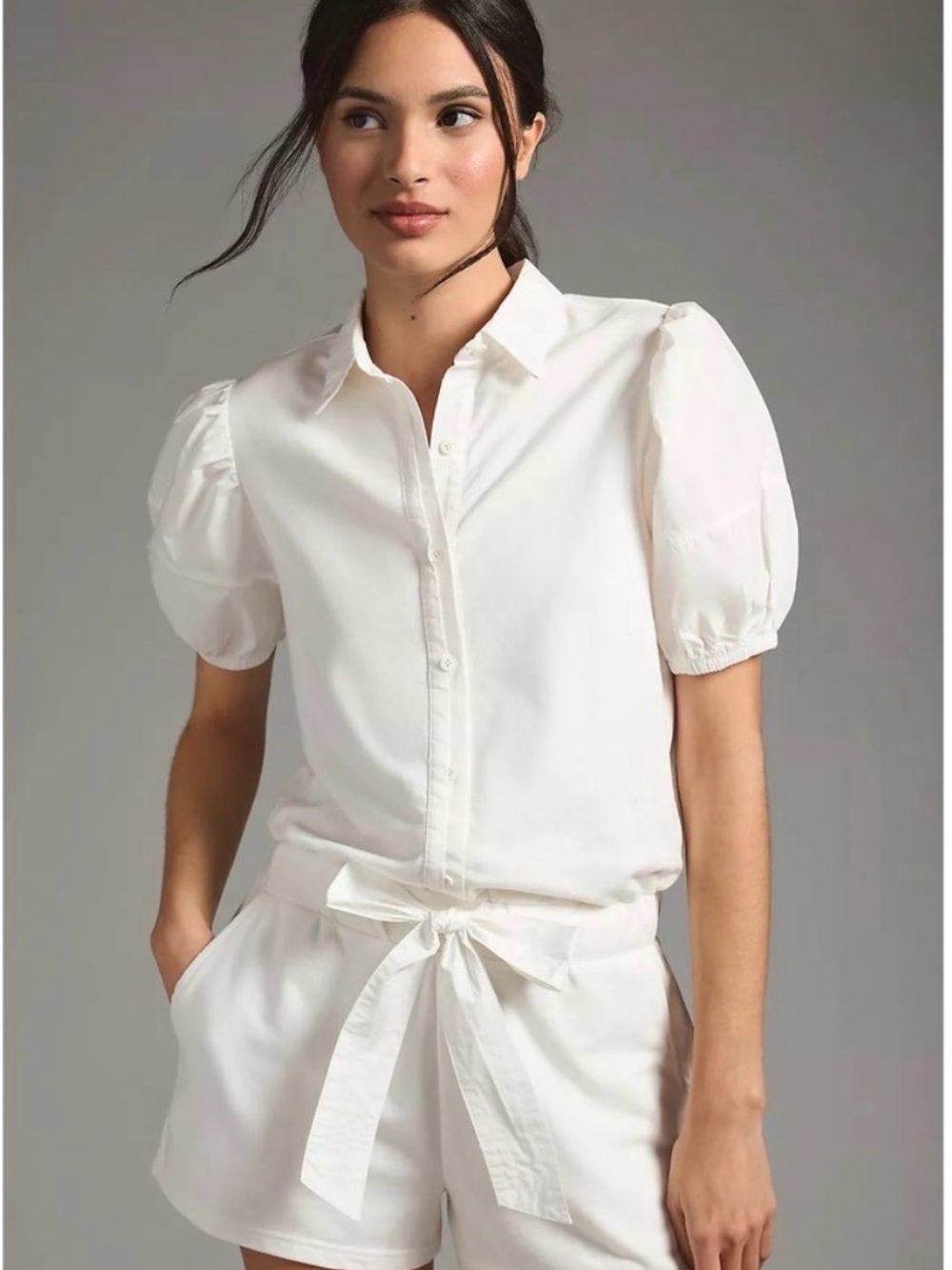 Sundays by We Are Sundays Anthropologie ivory puff sleeve belted short romper M